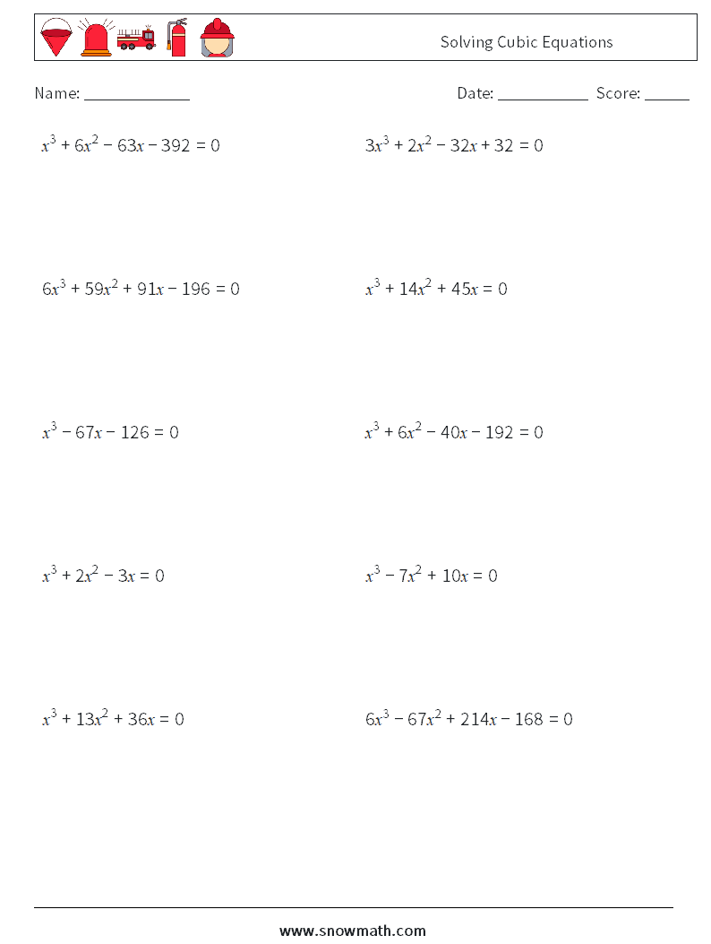 Solving Cubic Equations Math Worksheets 3
