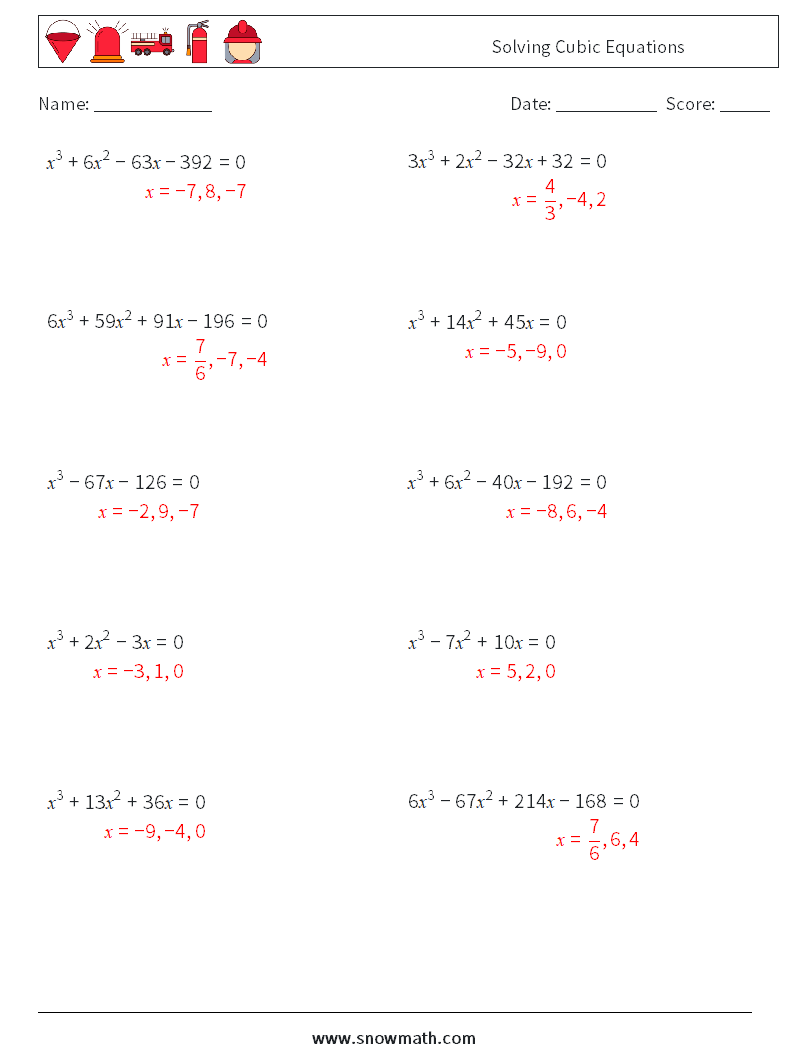 Solving Cubic Equations Math Worksheets 3 Question, Answer