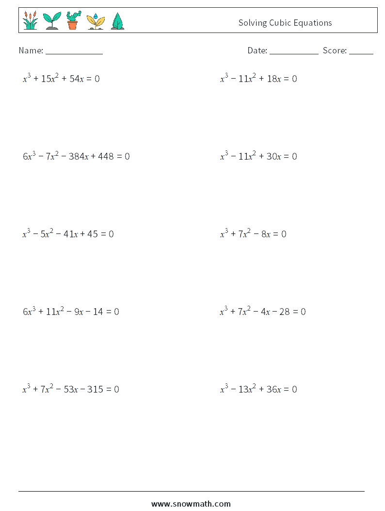 Solving Cubic Equations Math Worksheets 4