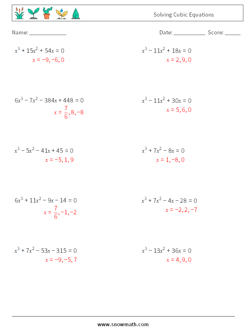 Solving Cubic Equations Math Worksheets 4 Question, Answer