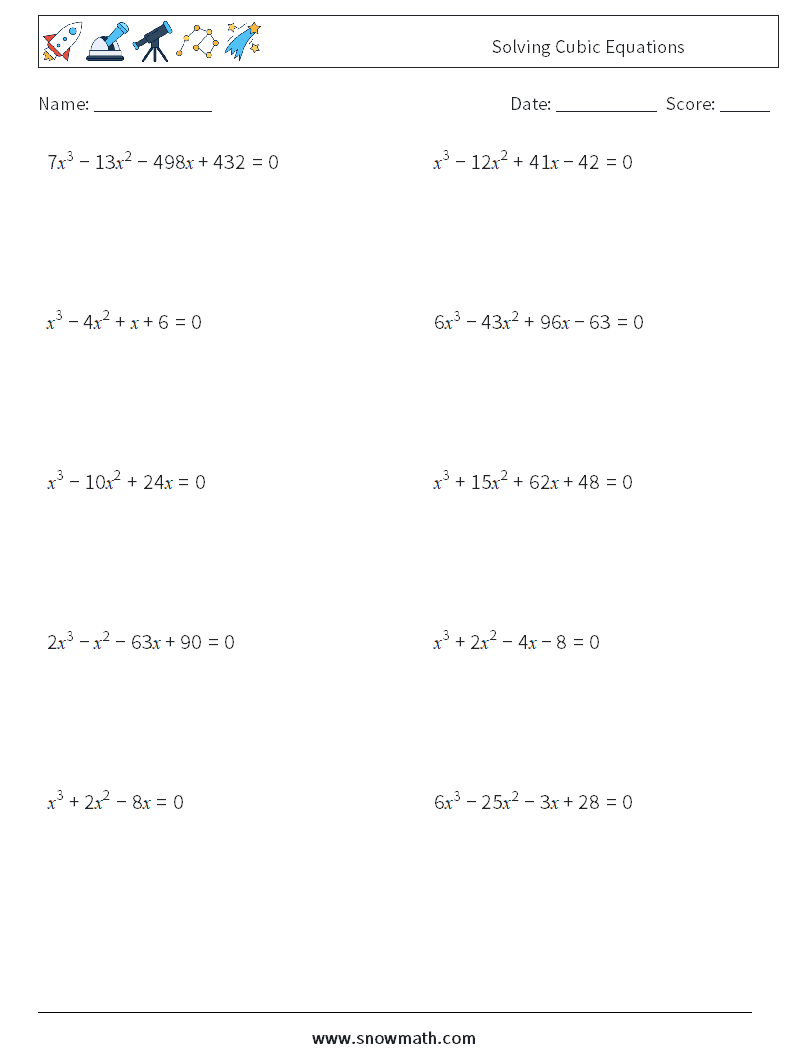 Solving Cubic Equations Math Worksheets 5