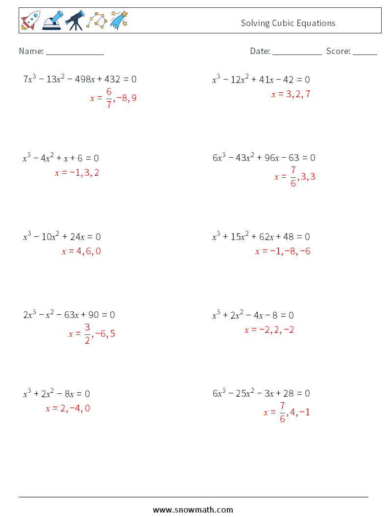 Solving Cubic Equations Math Worksheets 5 Question, Answer