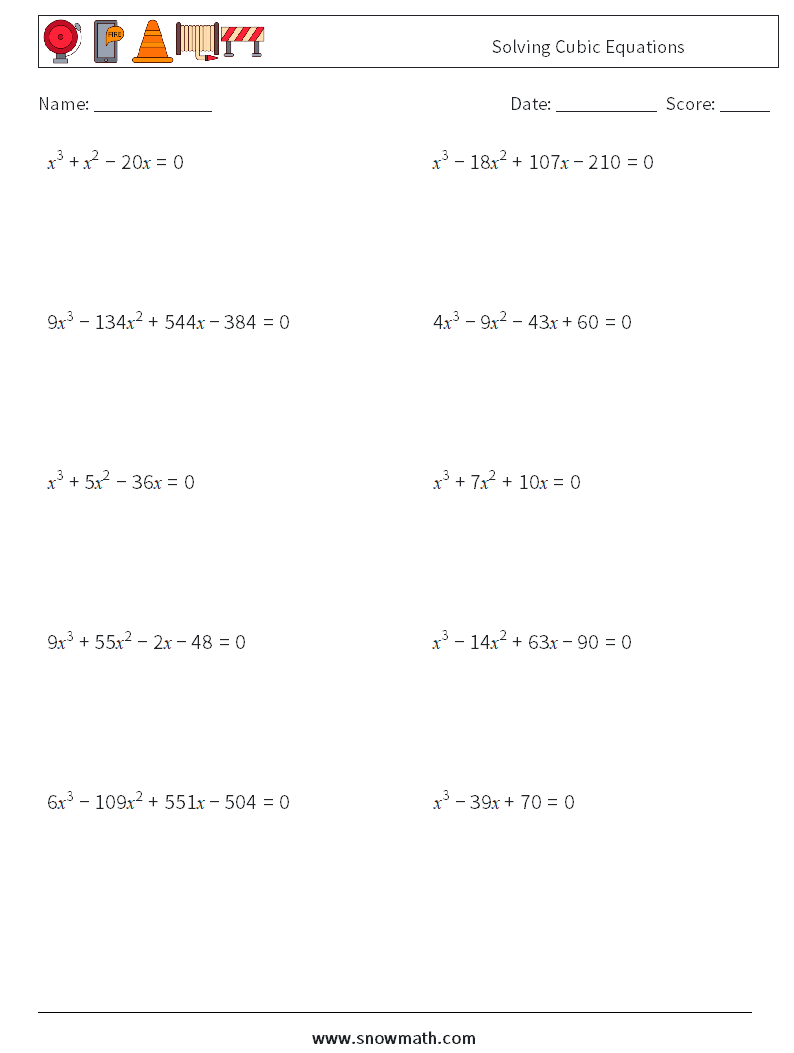 Solving Cubic Equations Math Worksheets 6