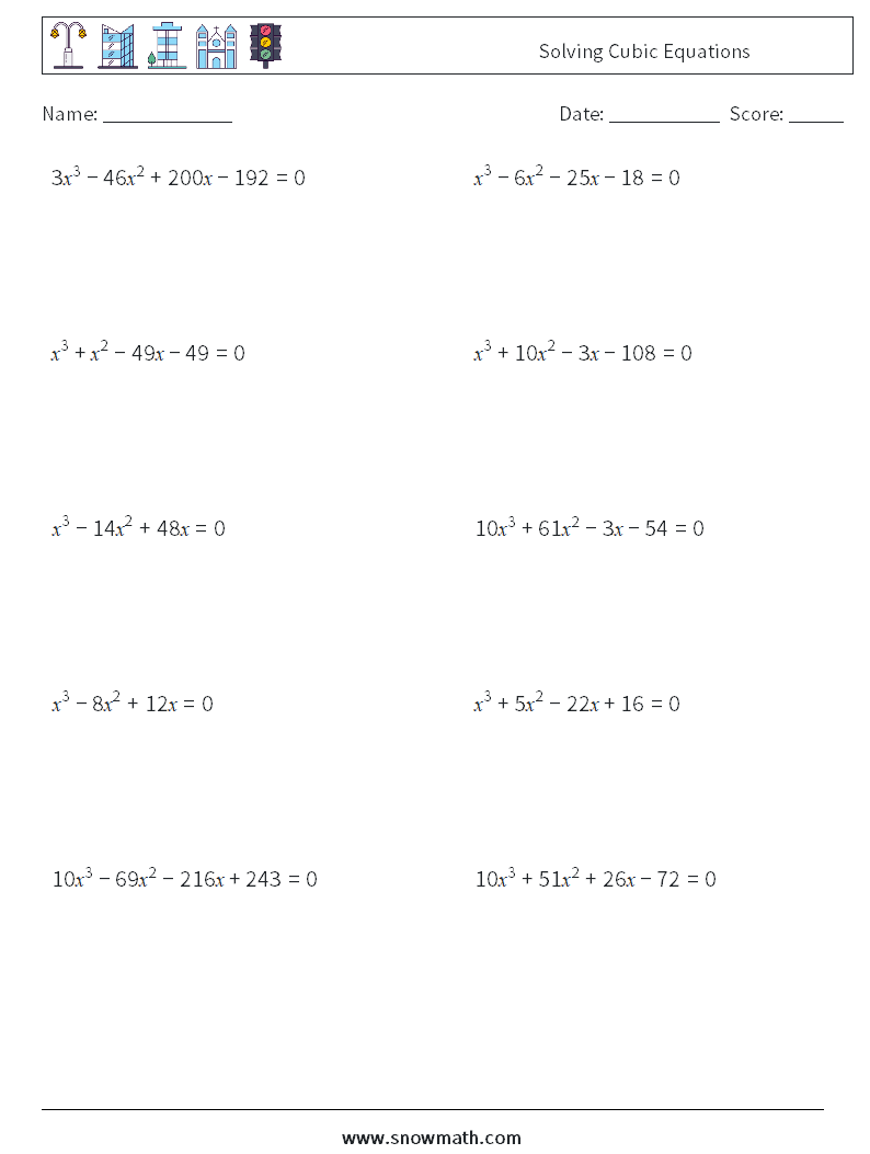 Solving Cubic Equations Math Worksheets 7