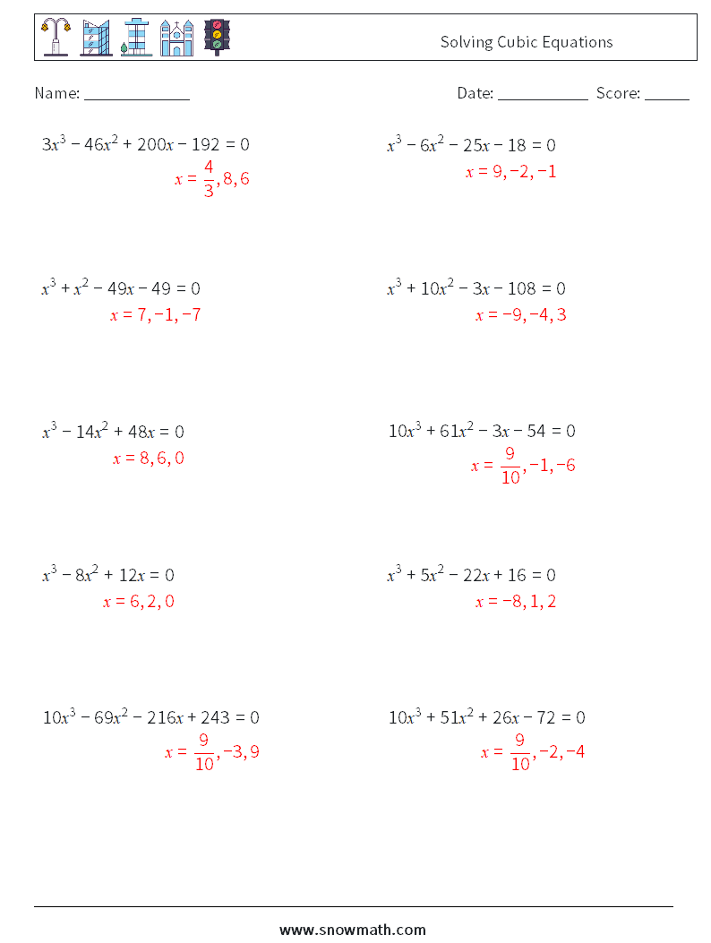 Solving Cubic Equations Math Worksheets 7 Question, Answer