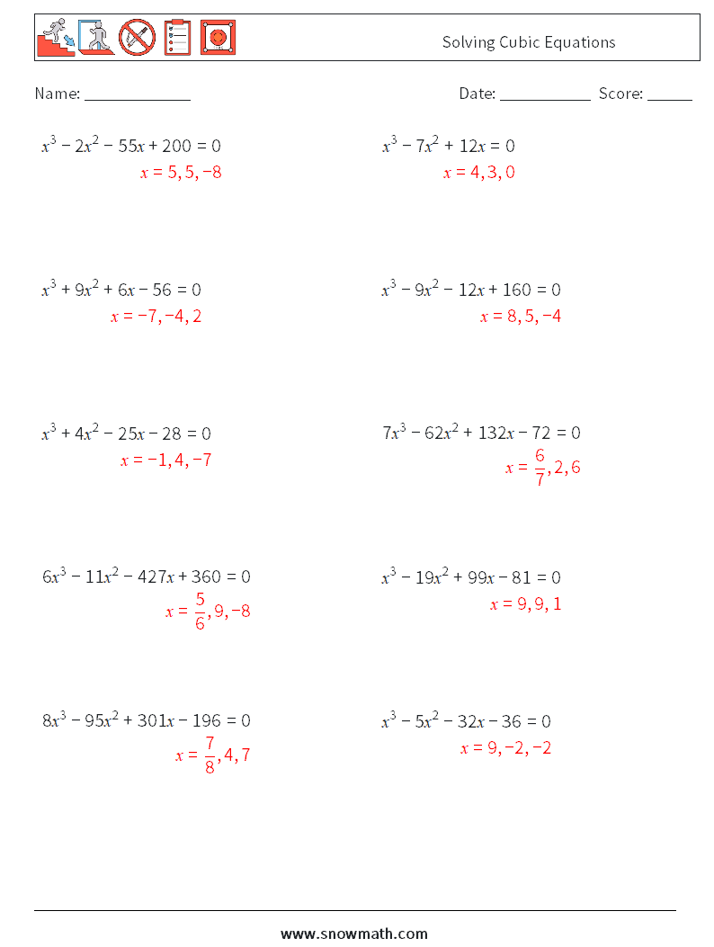 Solving Cubic Equations Math Worksheets 8 Question, Answer