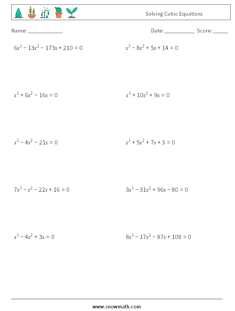 Solving Cubic Equations Math Worksheets 9