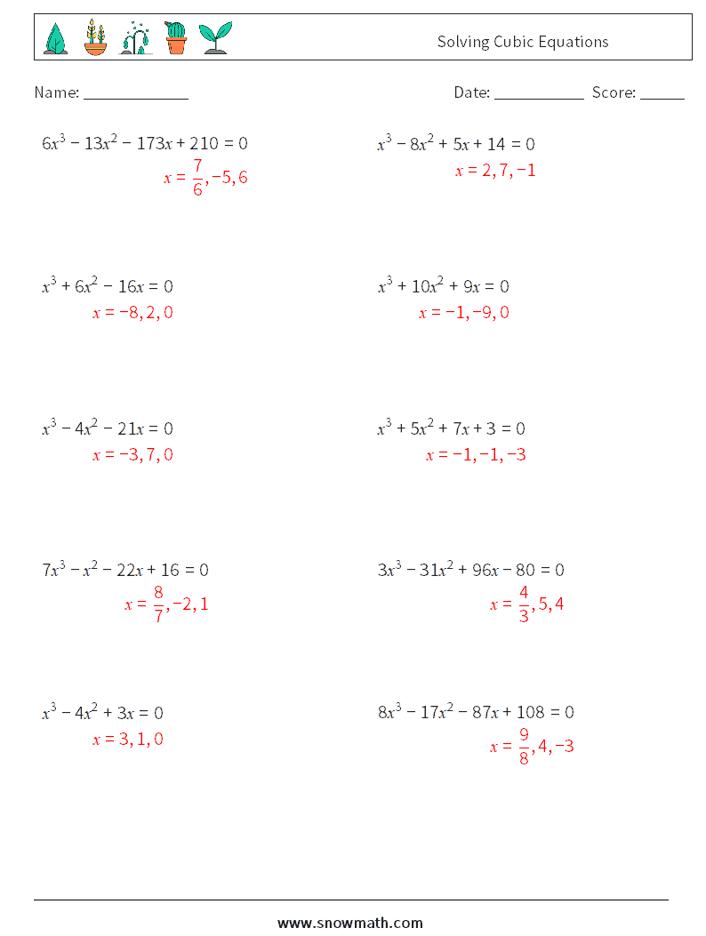 Solving Cubic Equations Math Worksheets 9 Question, Answer