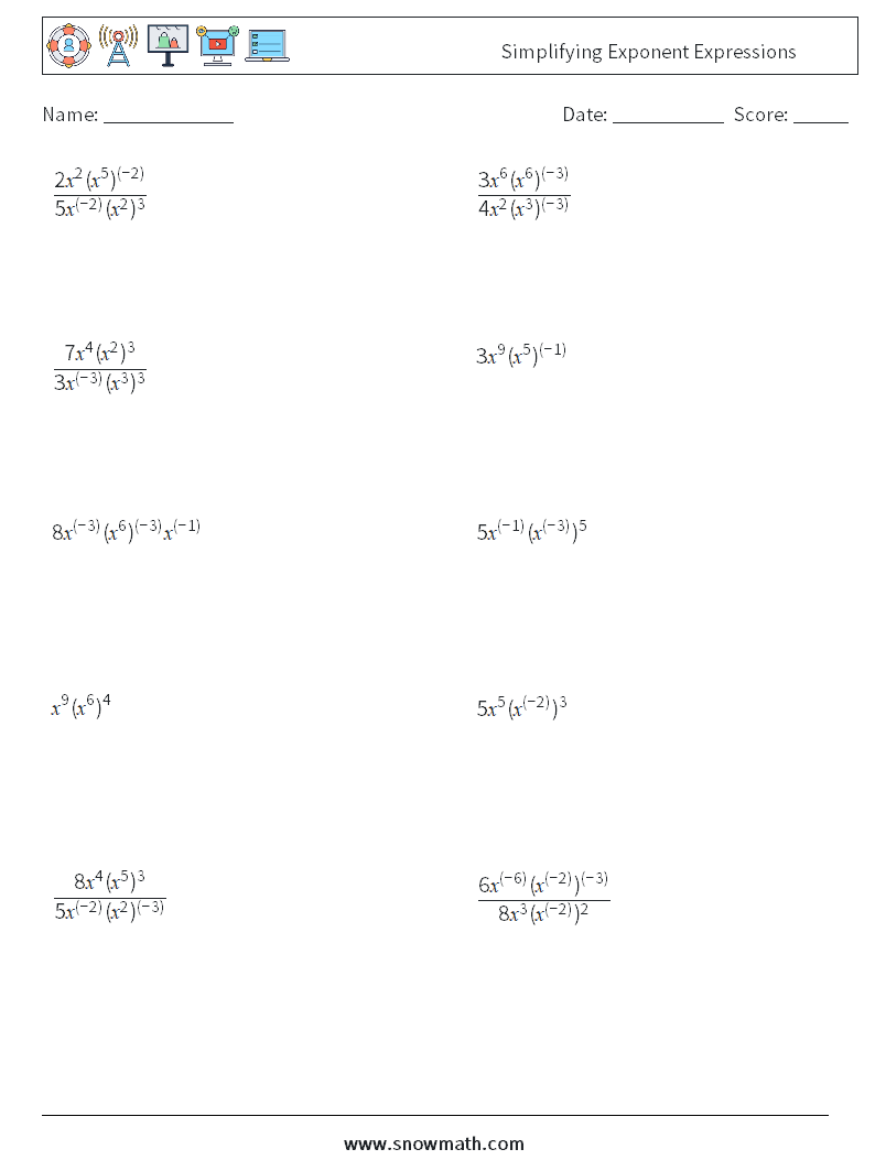  Simplifying Exponent Expressions Math Worksheets 1