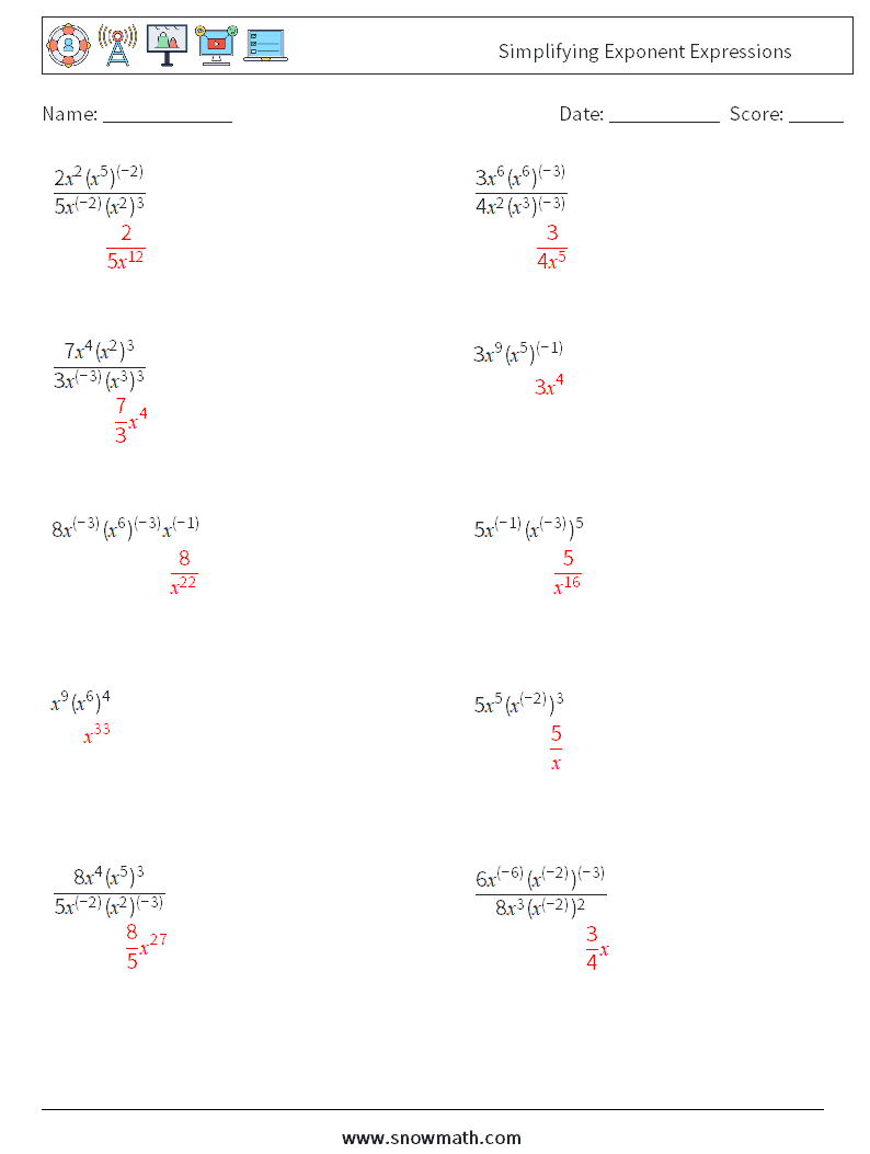  Simplifying Exponent Expressions Math Worksheets 1 Question, Answer