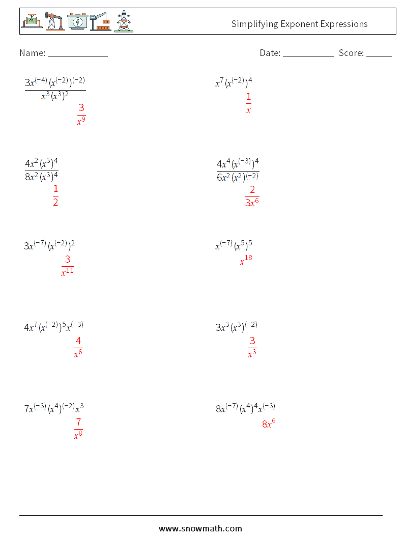  Simplifying Exponent Expressions Math Worksheets 2 Question, Answer