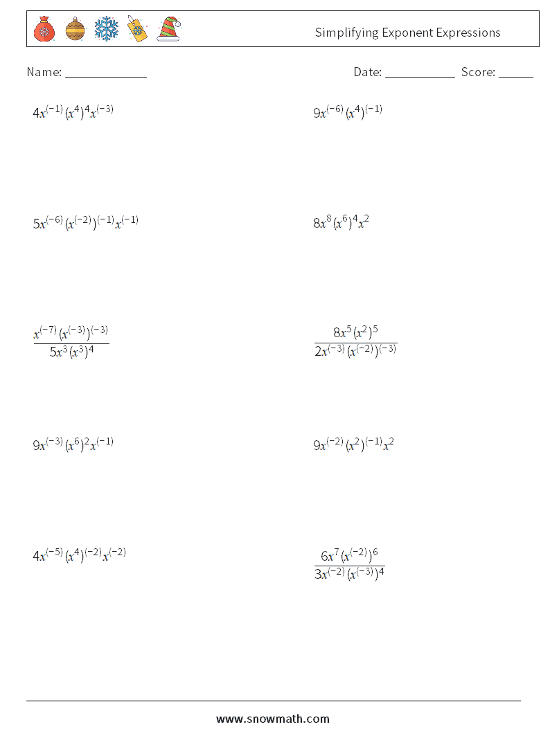  Simplifying Exponent Expressions Math Worksheets 3