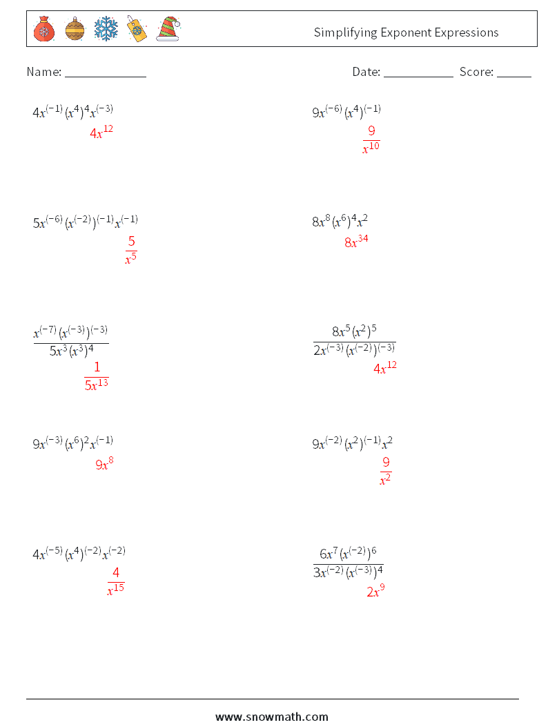  Simplifying Exponent Expressions Math Worksheets 3 Question, Answer