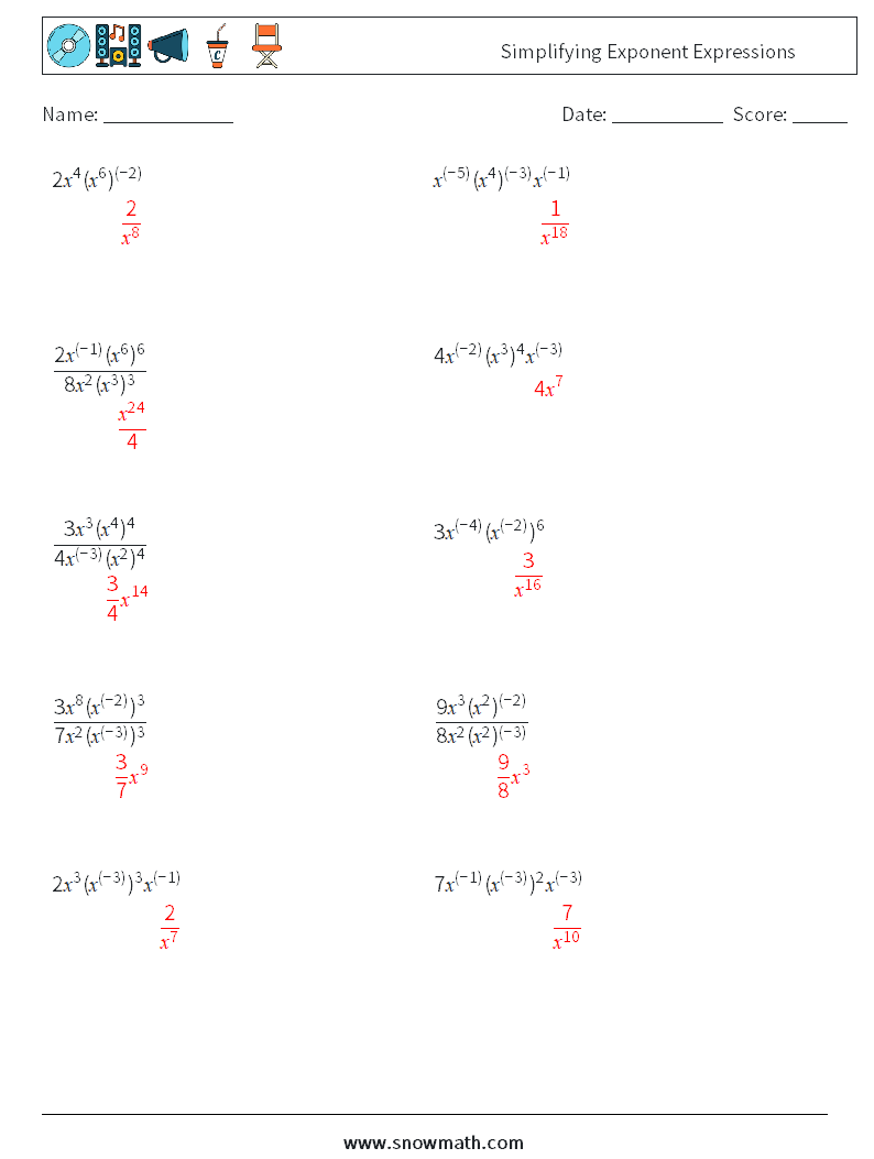  Simplifying Exponent Expressions Math Worksheets 4 Question, Answer