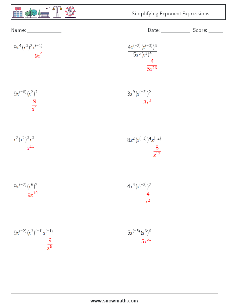  Simplifying Exponent Expressions Math Worksheets 5 Question, Answer