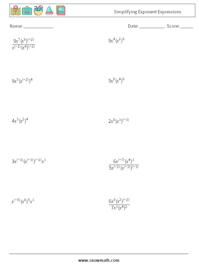  Simplifying Exponent Expressions Math Worksheets 6