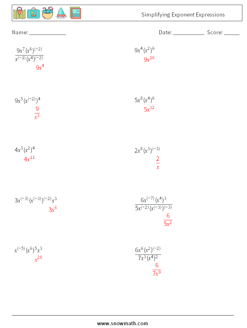  Simplifying Exponent Expressions Math Worksheets 6 Question, Answer