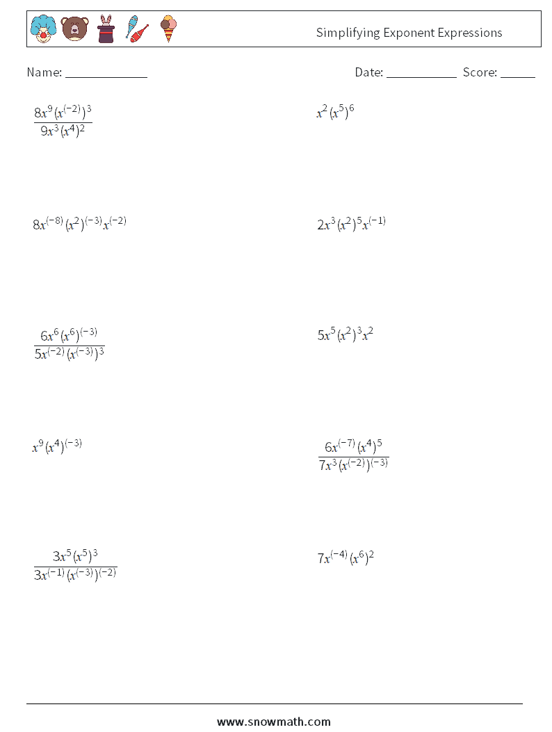 Simplifying Exponent Expressions Math Worksheets 7