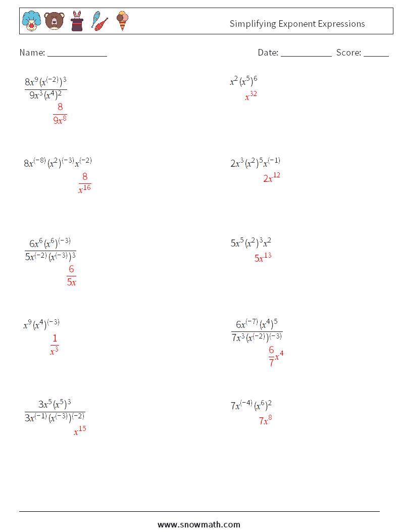  Simplifying Exponent Expressions Math Worksheets 7 Question, Answer