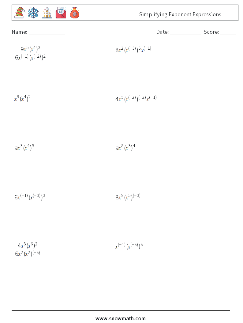  Simplifying Exponent Expressions Math Worksheets 8