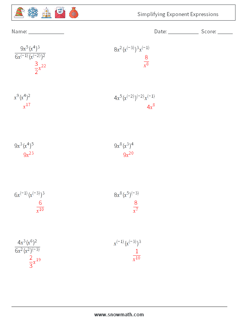  Simplifying Exponent Expressions Math Worksheets 8 Question, Answer