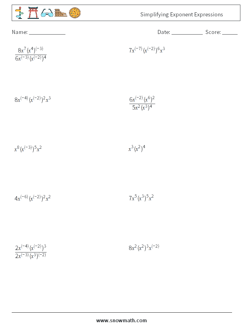  Simplifying Exponent Expressions Math Worksheets 9