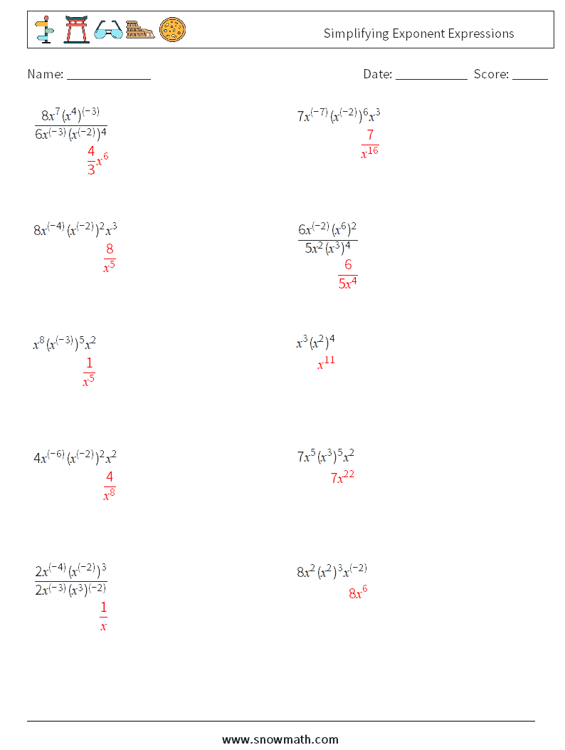  Simplifying Exponent Expressions Math Worksheets 9 Question, Answer