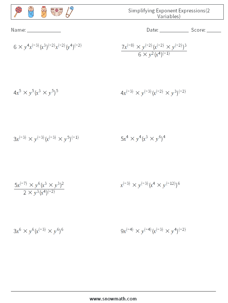  Simplifying Exponent Expressions(2 Variables) Math Worksheets 1