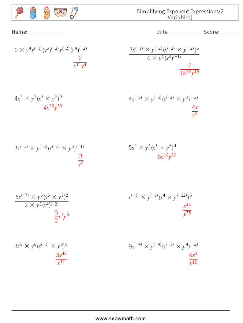  Simplifying Exponent Expressions(2 Variables) Math Worksheets 1 Question, Answer