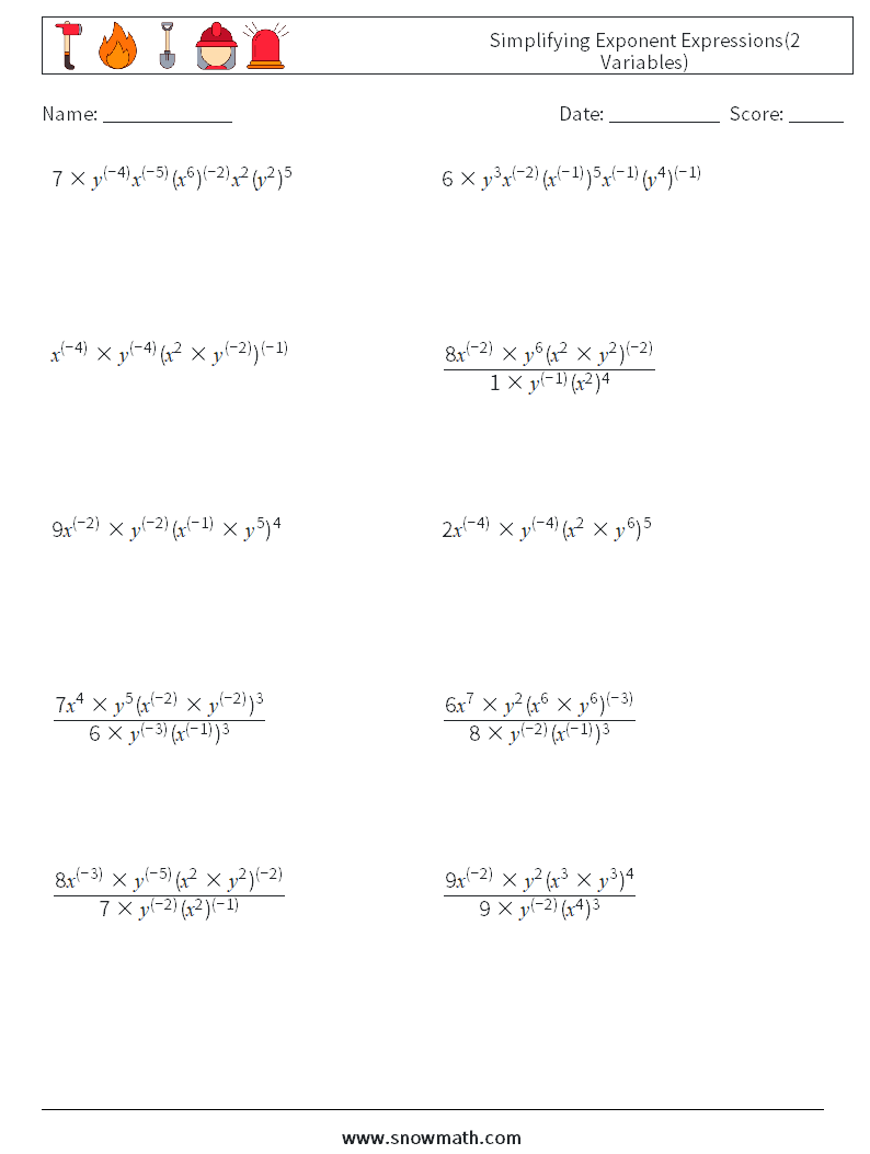  Simplifying Exponent Expressions(2 Variables) Math Worksheets 2