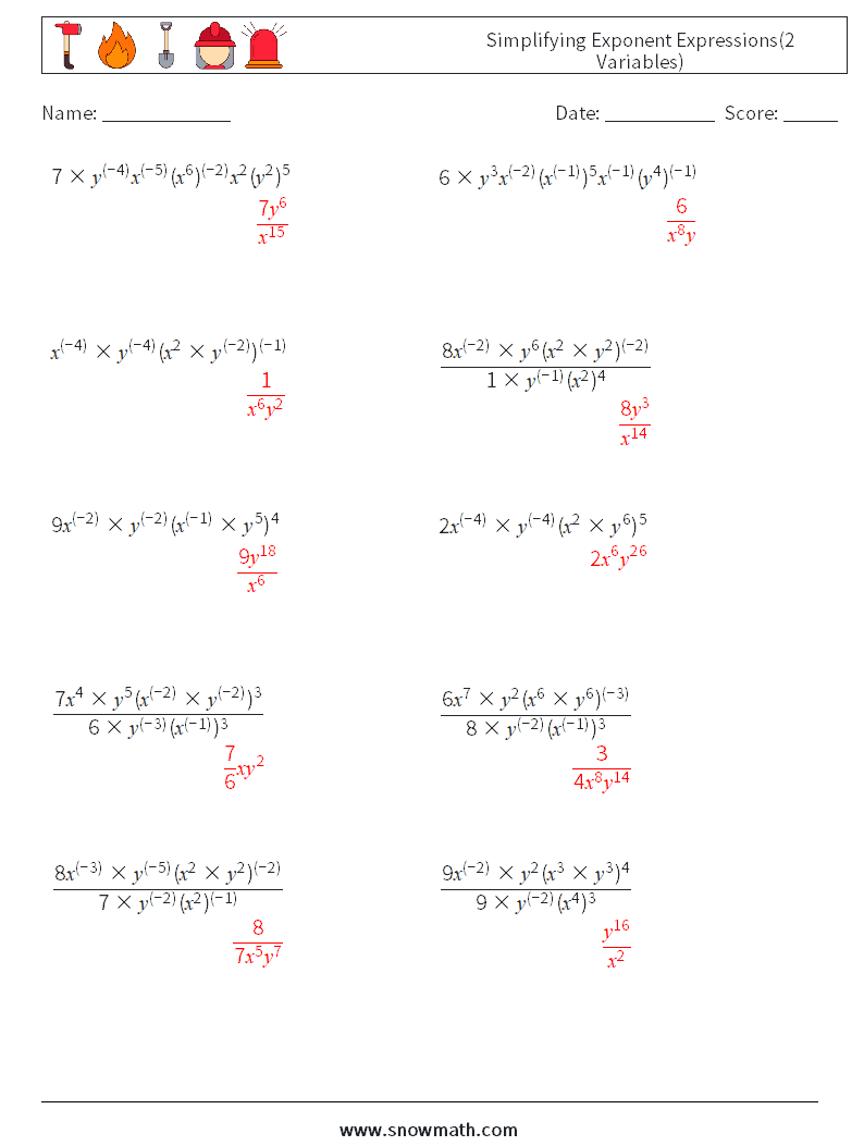  Simplifying Exponent Expressions(2 Variables) Math Worksheets 2 Question, Answer
