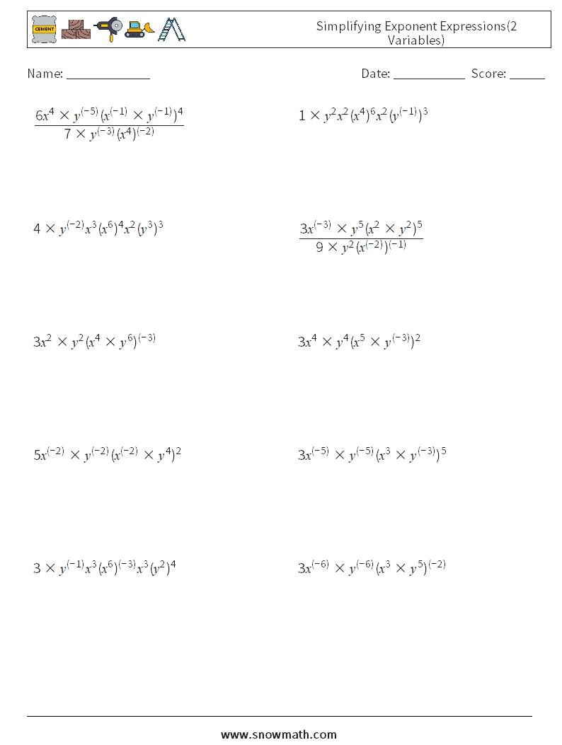  Simplifying Exponent Expressions(2 Variables) Math Worksheets 3