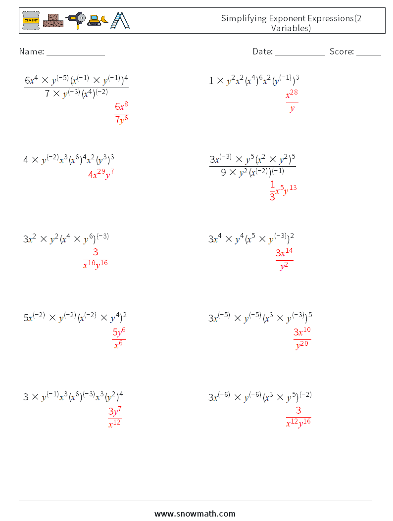  Simplifying Exponent Expressions(2 Variables) Math Worksheets 3 Question, Answer