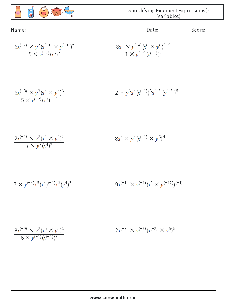  Simplifying Exponent Expressions(2 Variables) Math Worksheets 4