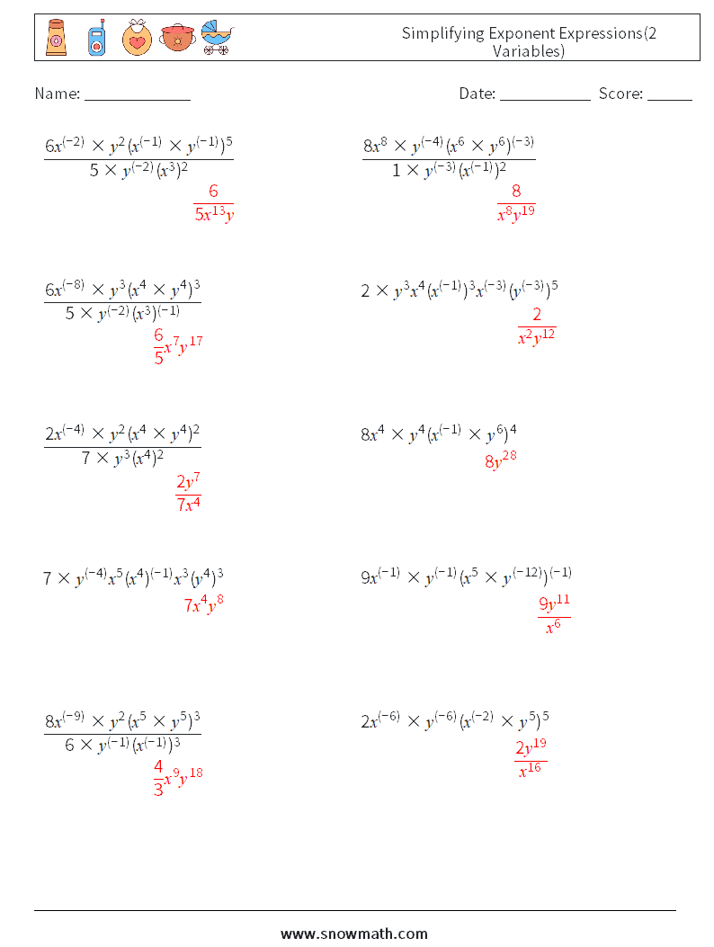  Simplifying Exponent Expressions(2 Variables) Math Worksheets 4 Question, Answer