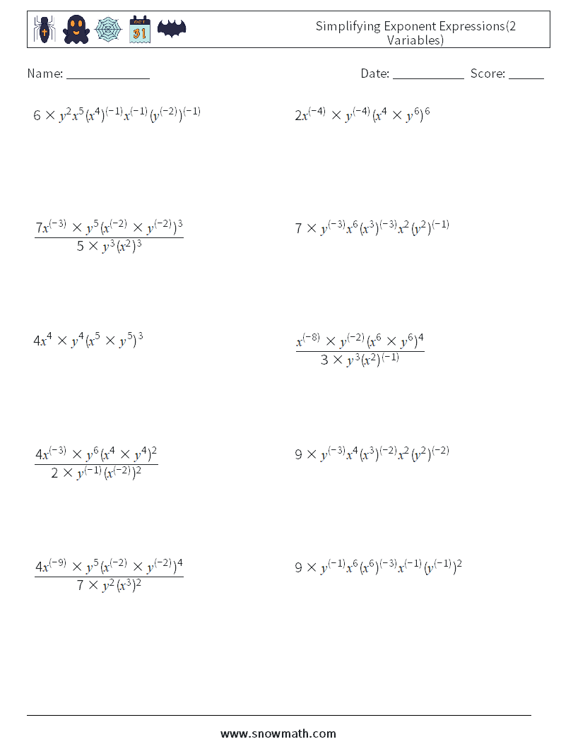  Simplifying Exponent Expressions(2 Variables) Math Worksheets 5