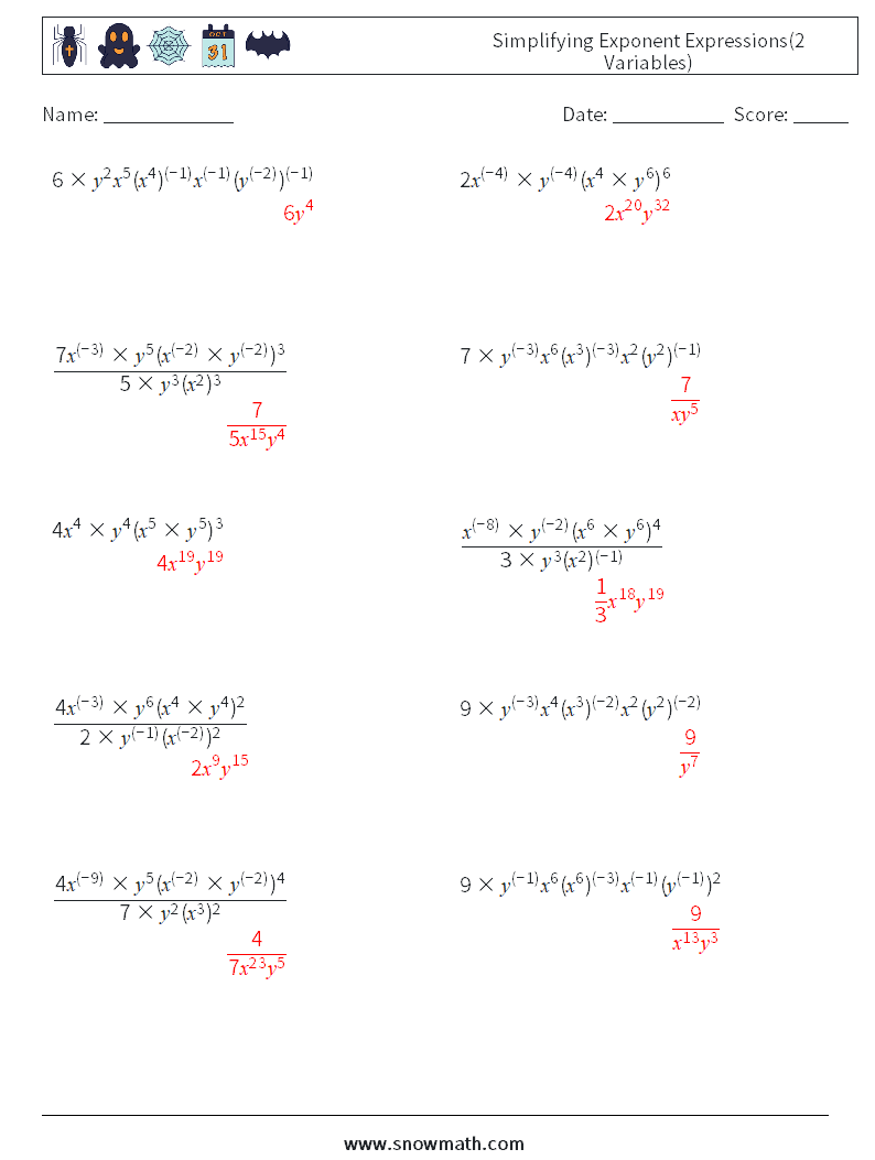  Simplifying Exponent Expressions(2 Variables) Math Worksheets 5 Question, Answer