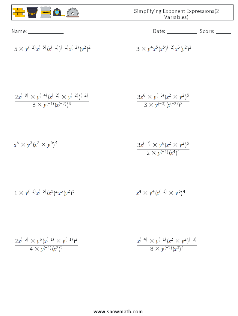  Simplifying Exponent Expressions(2 Variables) Math Worksheets 6