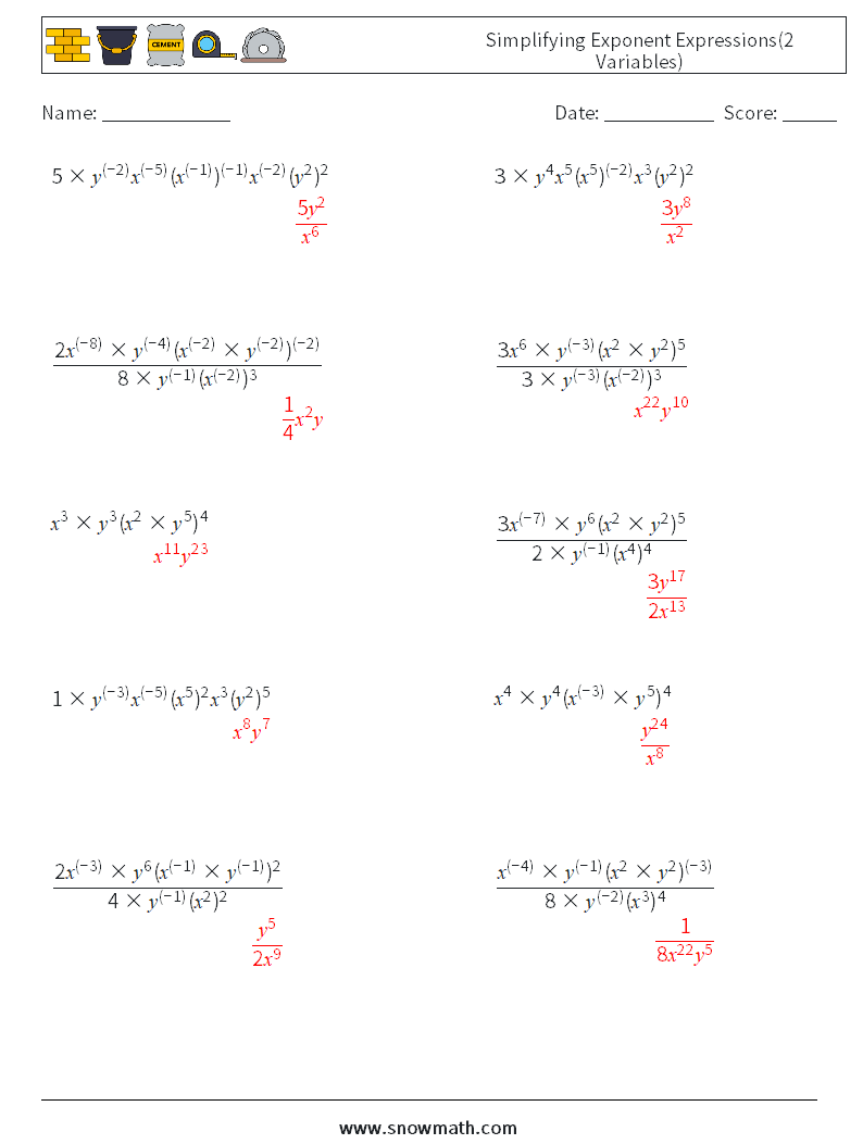  Simplifying Exponent Expressions(2 Variables) Math Worksheets 6 Question, Answer