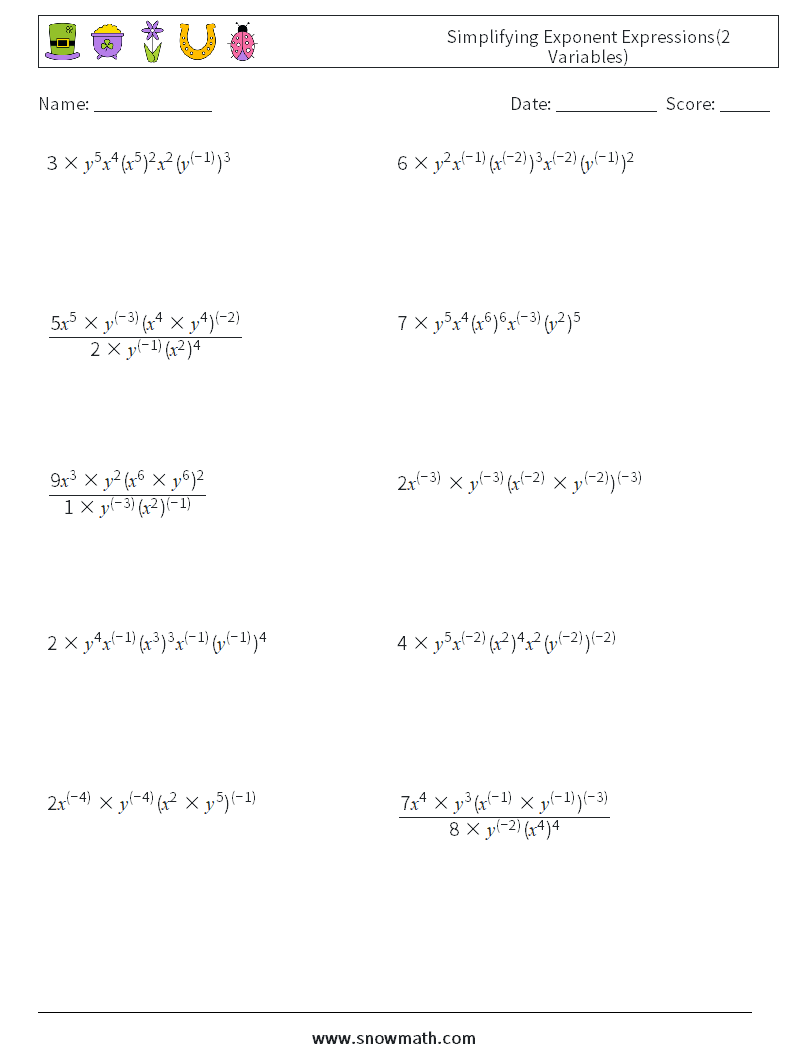  Simplifying Exponent Expressions(2 Variables) Math Worksheets 7