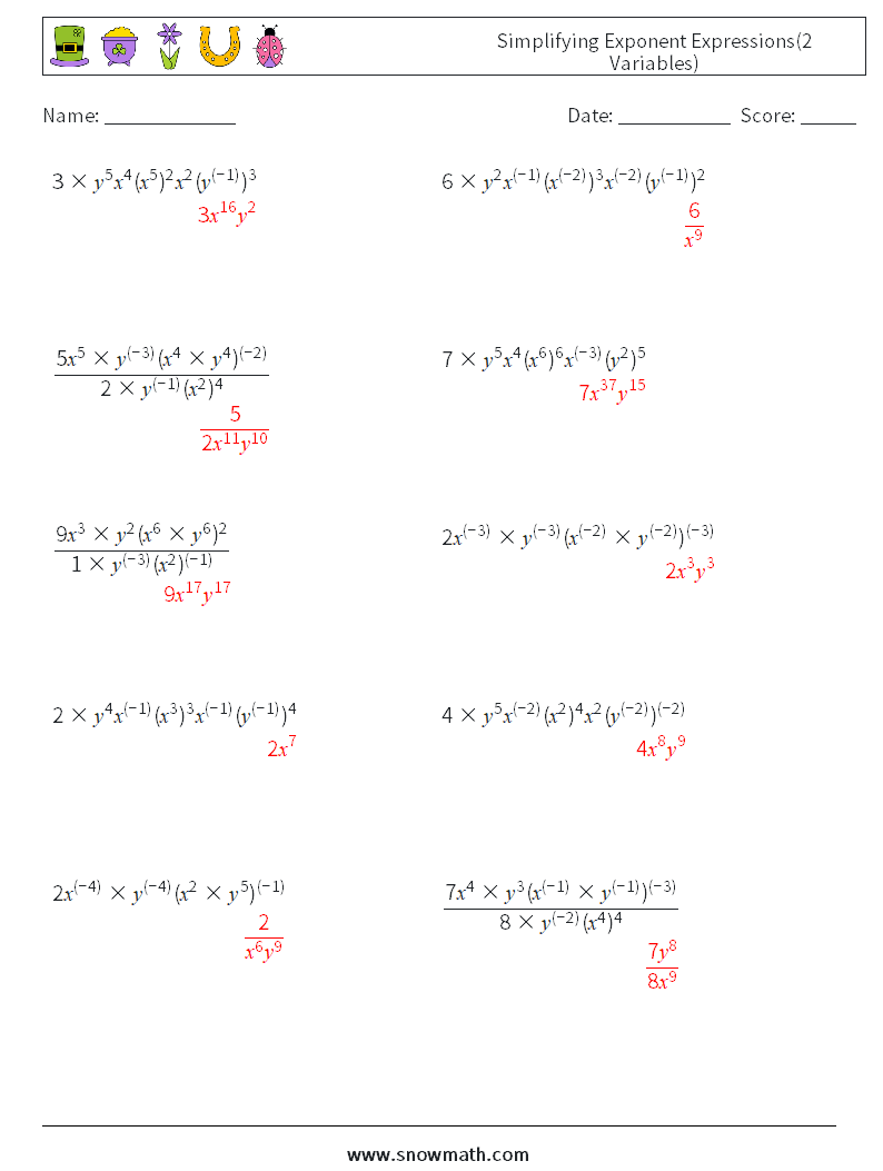  Simplifying Exponent Expressions(2 Variables) Math Worksheets 7 Question, Answer