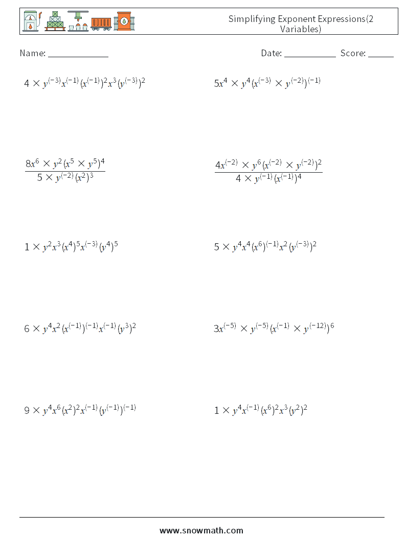  Simplifying Exponent Expressions(2 Variables) Math Worksheets 8