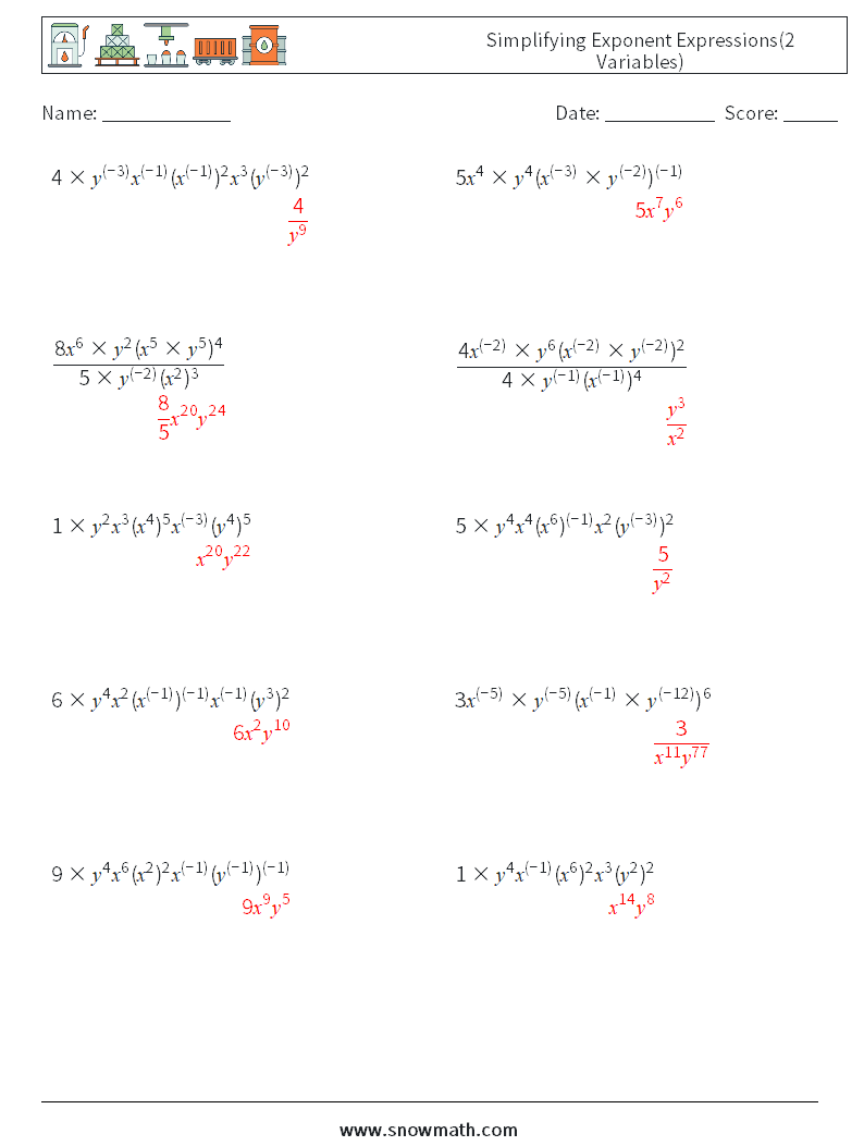  Simplifying Exponent Expressions(2 Variables) Math Worksheets 8 Question, Answer