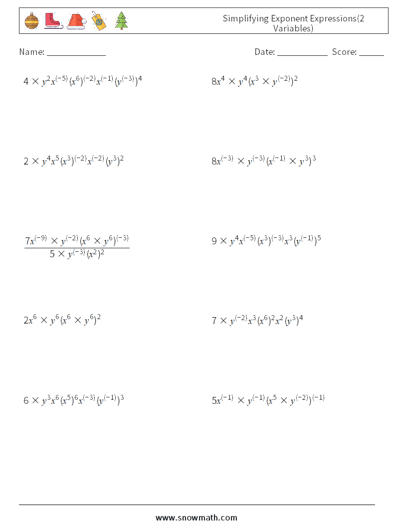  Simplifying Exponent Expressions(2 Variables) Math Worksheets 9