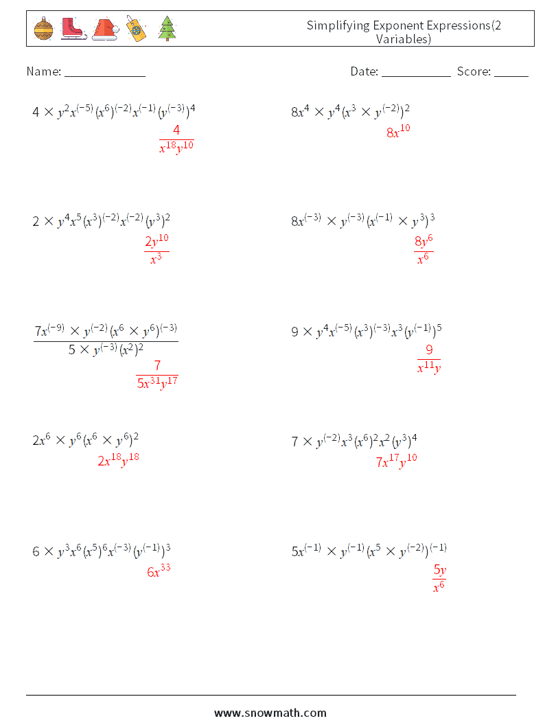  Simplifying Exponent Expressions(2 Variables) Math Worksheets 9 Question, Answer