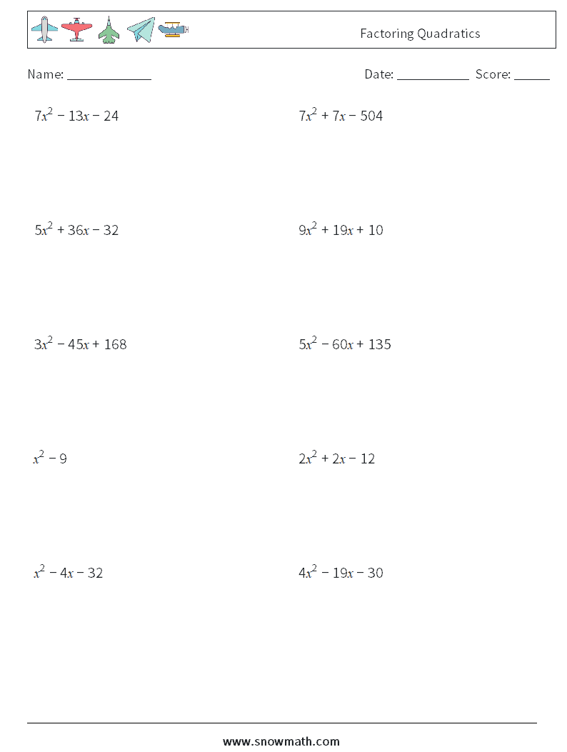 Factoring Quadratics Math Worksheets 1