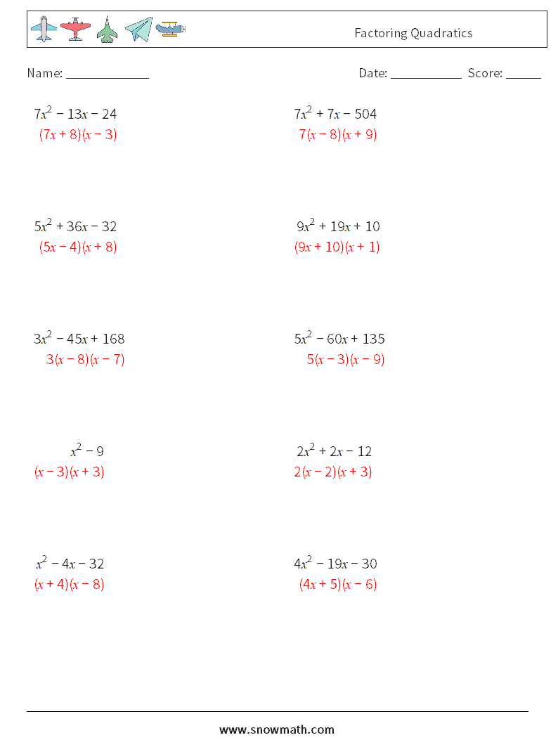 Factoring Quadratics Math Worksheets 1 Question, Answer