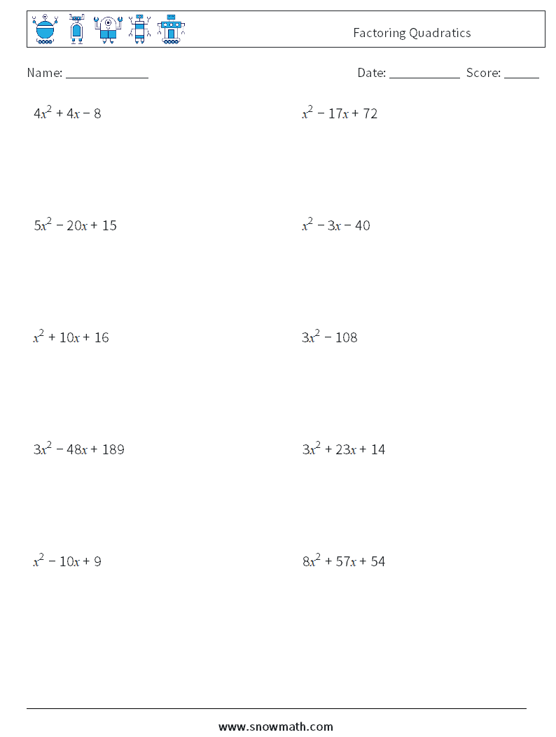 Factoring Quadratics Math Worksheets 2