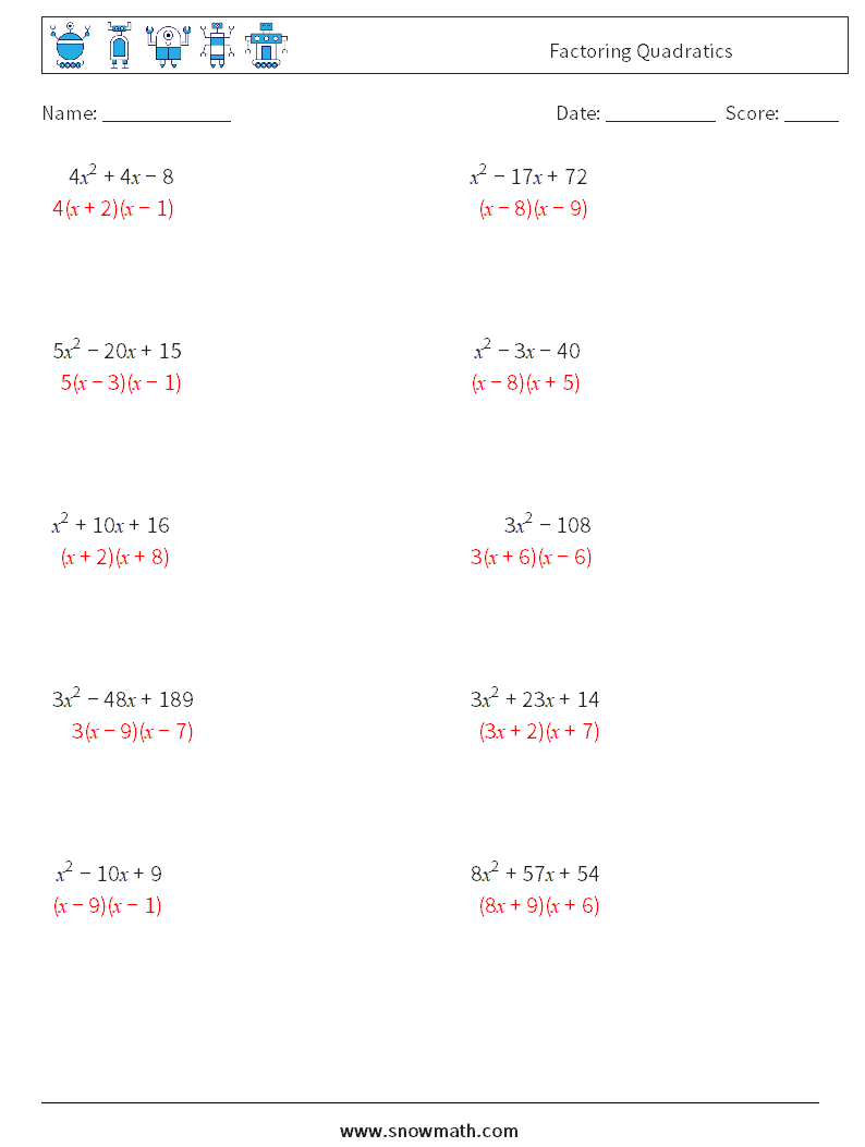 Factoring Quadratics Math Worksheets 2 Question, Answer
