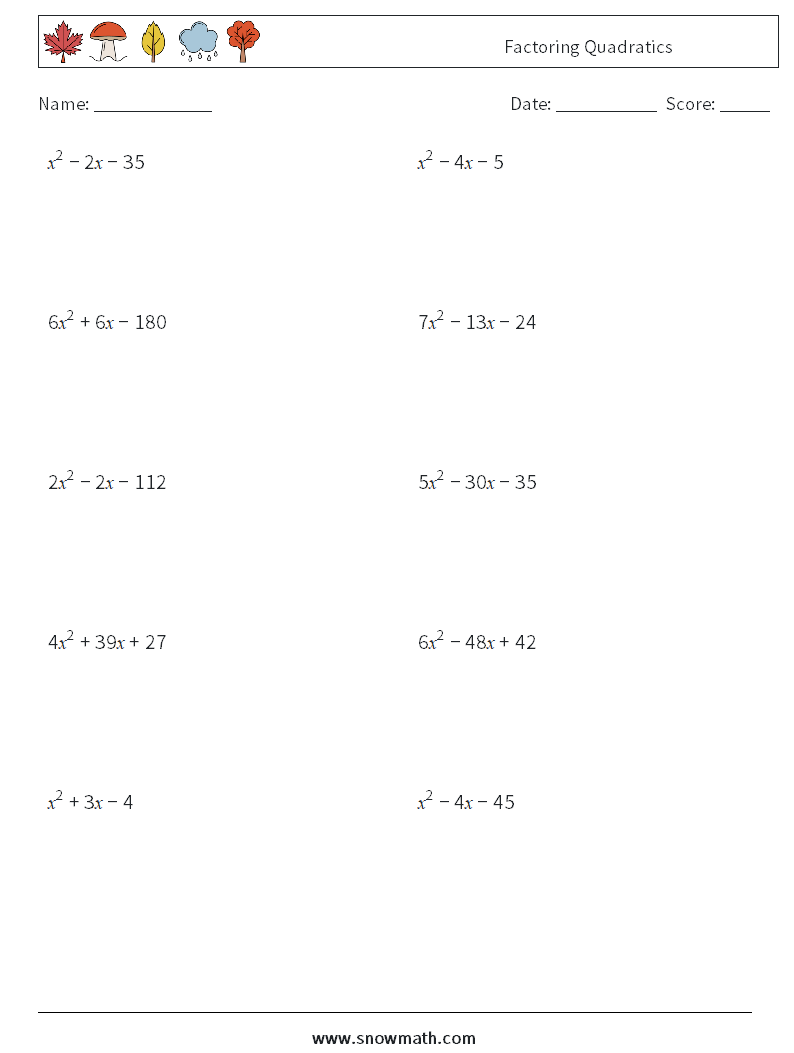 Factoring Quadratics Math Worksheets 3